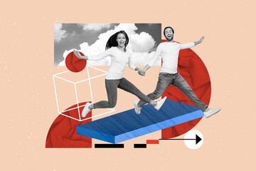 Sticker - Creative collage image of two excited mini black white effect people running arrow pointer direction isolated on beige painted background