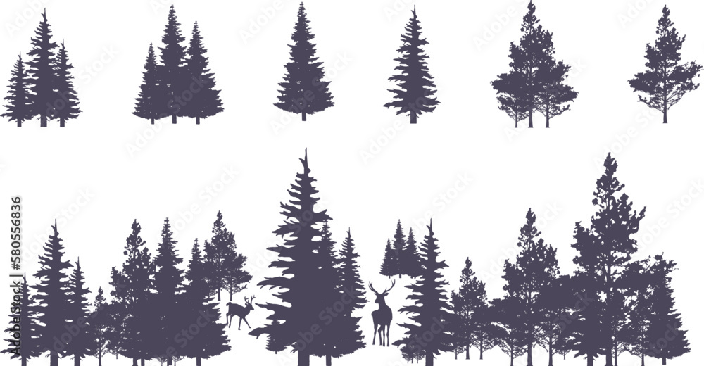 Vintage trees and forest silhouettes set in monochrome style isolated ...