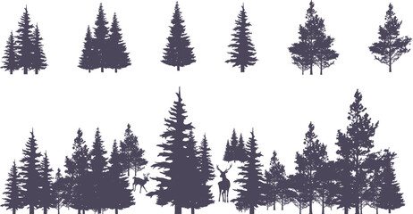 vintage trees and forest silhouettes set in monochrome style isolated vector illustration