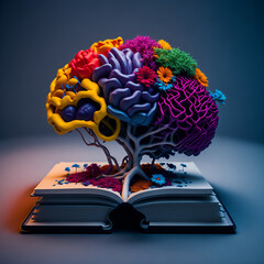 Imaginative mind with flowers on a book, signifying education and creativity. The person is brainstorming for ideas, showcasing a positive attitude towards problem-solving. - Generative AI