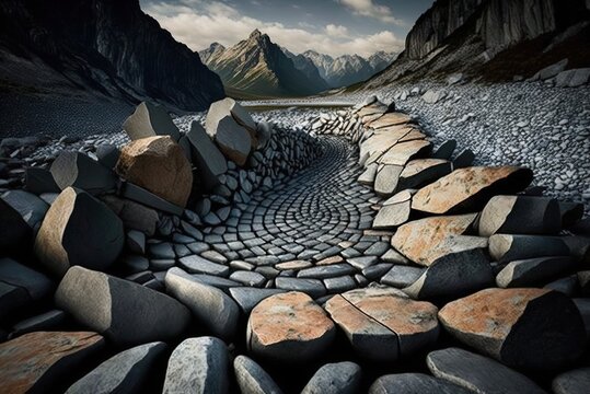 following the mountain crumbled, there were a lot of round cobblestones. generative ai