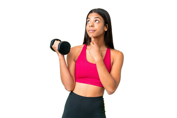 Wall Mural - Young African American woman sport woman making weightlifting over isolated chroma key background having doubts while looking up