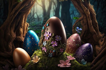 Canvas Print - easter eggs still life, in the woods, Generative AI