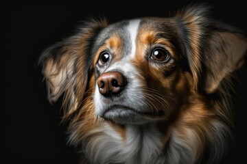 Sticker - Studio shot of beautiful dog portrait on black background. Cute pet selective focus. Pet Lover concept . Pets indoors. Animals and pet care concept. Look at it from the front. Generative AI