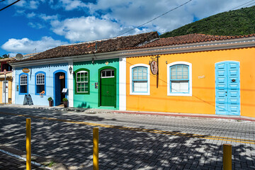 Colorful houses in colonial Portuguese architecture in Ribeirao da Ilha, Florianopolis, Santa Catarina, Brazil.