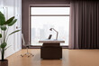 © Who is Danny - Luxury light office interior with furniture and equipment, window with city view and curtain. 3D Rendering.