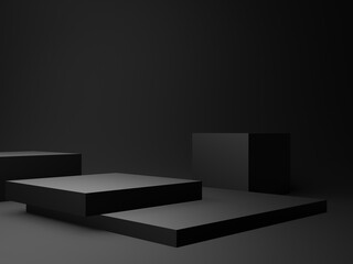 3D black geometric podium. Dark room background.