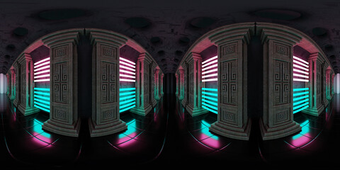 Wall Mural - hdri map, spherical environment panorama background, cyberpunk temple, full 360-degree interior ligh
