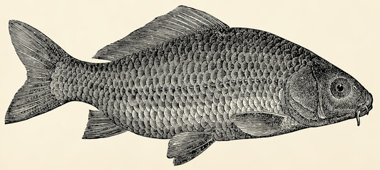 Wall Mural - The freshwater fish -  European carp (Cyprinus carpio). Antique stylized illustration.