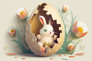 Wall Mural - Happy easter concept. Cute easter bunny rabbit inside a cracked egg and flower, flat design. Generative ai.