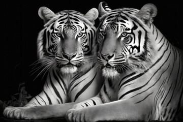 Canvas Print - Two tigers in black and white. Generative AI