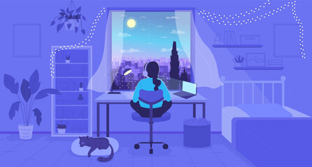 Wall Mural - Girl doing homework with music in headphones flat color vector illustration. Nighttime bedroom. Hero image. Fully editable 2D simple cartoon character with nighttime window on background