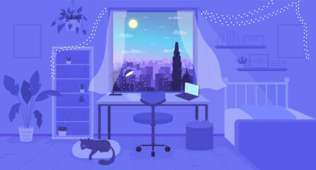 Wall Mural - Cozy bedroom with night cityscape view in window flat color vector illustration. Lo fi atmosphere. Hero image. Fully editable 2D simple cartoon bedroom interior with nighttime window on background