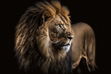 Canvas Print - A picture of a big, handsome male African lion on a black background. Generative AI