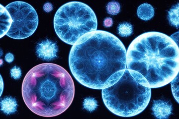 Poster - Circles with a neon blue glow inside on a dark background. Generative AI
