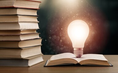Poster - Magical open book on table with lamp bulb