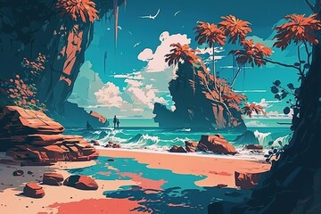 Sticker - Rocky ocean coast with big palm trees and clear blue sky. Generative AI