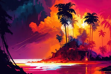 Sticker - Rocky seashore with large palm trees under the evening sun and red sky. Generative AI