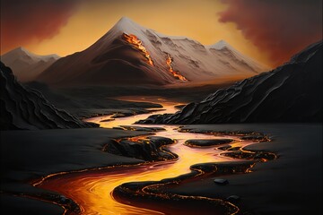 Sticker - Volcanic eruption, hot orange lava flowing down the mountain. Generative AI