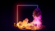 © RocknRoller Studios - Pink and Yellow Neon Light with Cloud Formation. Square shaped Fluorescent Frame in Dark Environment.