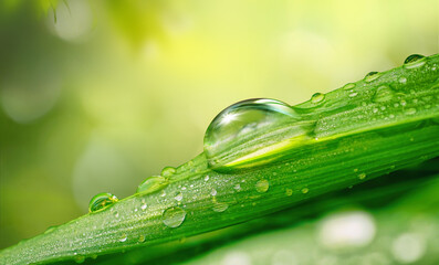Aufkleber - Beautiful water drops sparkle in sun on leaf in sunlight, macro. Big droplet of morning dew outdoor, beautiful round bokeh. Amazing artistic image of purity of nature.