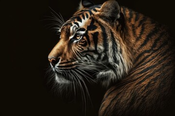 Wall Mural - A black background and a picture of a tiger. Generative AI