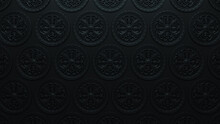 Black 3D Ornamental Pattern Background. Intricate Dark Ornate Wallpaper.