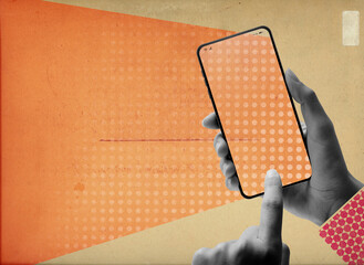 Woman using a mobile app vintage collage
