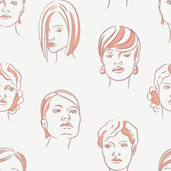 Fashion female faces with different hairstyle seamless vector pattern