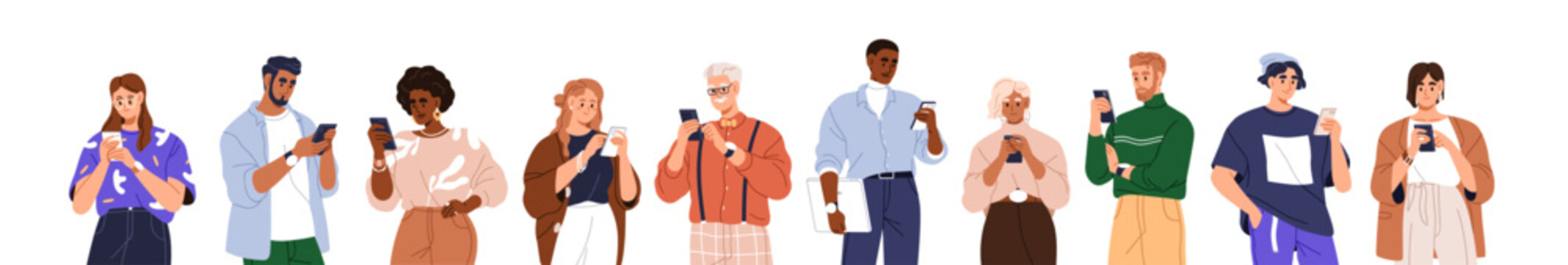 people holding, using mobile phones set. characters with smartphones in hands. men, women use cellph