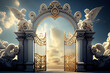 Heaven: A common depiction of the afterlife in many religions, often portrayed as a serene and peaceful paradise with clouds, angels, and golden gates. Generative AI technology.