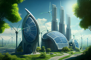 Poster - Sky-high buildings: One possible image could be a view of a futuristic city with tall, sleek, and modern buildings stretching up towards the sky.  Generative AI technology.