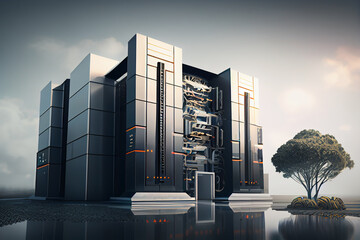 Poster - An artistic rendering of a data center with a futuristic and sleek design, indicating the role of technology and innovation in data management. Generative AI technology.