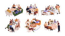 Friends Gatherings Around Dinner Tables Set. Happy People Eating, Talking At Home And Restaurants Parties, Hangouts With Food And Drinks. Flat Graphic Vector Illustrations Isolated On White Background