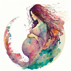 Illustration of a pregnant woman with a big belly, drawing in a watercolor style on a white background. Generative ai