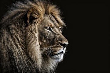 Poster - On a black background, there is a beautiful lion. Generative AI