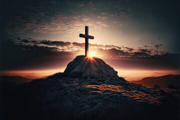 Silhouette cross on mountain sunset background. Generative ai