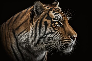 Canvas Print - Panthera tigris tigris, Bengal tiger, profile portrait on gray black background. Generative AI