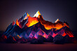 This image showcases a low poly mountain range with neon-colored, glowing peaks. Generative AI technology.