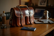 Brown Leather Briefcase With Silver Buckles, Sitting On A Wooden Desk. The Briefcase Has A Glossy Finish, And The Buckles Are Slightly Reflective; Few Papers And A Pen On It
