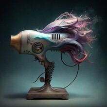 Hair Dryer Fantasy Display Woman Fashion Strands Of Hair Wig Extension Wind Blows Old Antique Horroristic Scary High-tech Hairdresser Salon Super Modern Metal Generative AI 