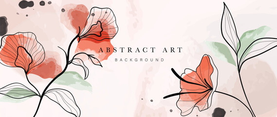 Wall Mural - Abstract floral art background vector. Botanical watercolor hand drawn flowers paint brush line art. Design illustration for wallpaper, banner, print, poster, cover, greeting and invitation card.