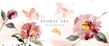 Abstract Floral Art Background Vector. Botanical Watercolor Hand Drawn Flowers Paint Brush Line Art. Design Illustration For Wallpaper, Banner, Print, Poster, Cover, Greeting And Invitation Card.