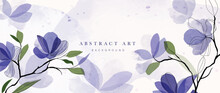 Abstract Floral Art Background Vector. Botanical Watercolor Hand Painted Blue Flowers And Leaf Branch With Line Art. Design For Wallpaper, Banner, Print, Poster, Cover, Greeting And Invitation Card. 