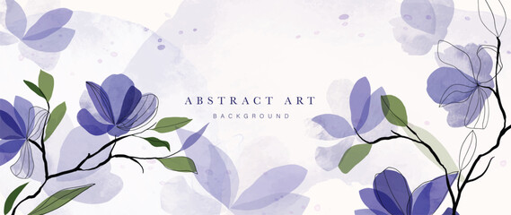Wall Mural - Abstract floral art background vector. Botanical watercolor hand painted blue flowers and leaf branch with line art. Design for wallpaper, banner, print, poster, cover, greeting and invitation card. 