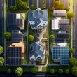 drone view of residential houses with photovoltaic solar panels. Alternative and Renewable energy concept future cells panel energy saving solution power sun Generative AI 