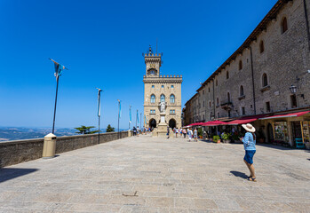 Wall Mural - SAN MARINO, JULY 5, 2023 - View of Liberty square with the Public Palace and the Statue of Liberty in San Marino, Republic of San Marino, Europe