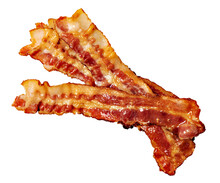 Closeup Of Slices Of Crispy Hot Fried Bacon On Transparent Background. Png File