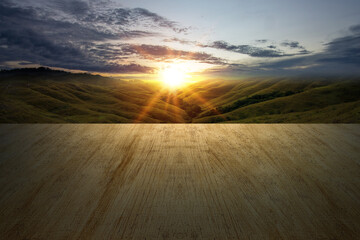 Poster - Wooden floor with green hills and landscape view