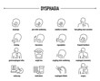 Dysphagia symptoms, diagnostic and treatment vector icon set. Line editable medical icons.
